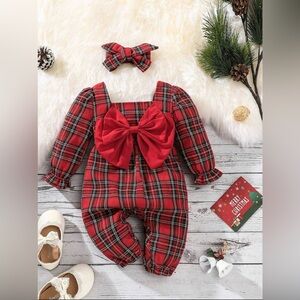 Baby Girl Tartan Print Bow Front Flounce Sleeve Jumpsuit & Headband